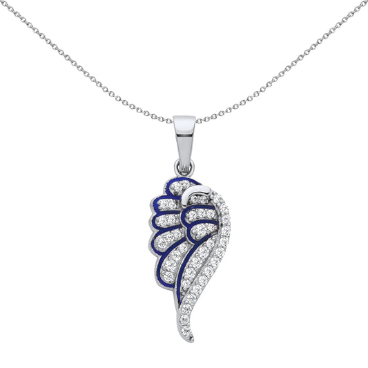 Silver  Blue Enamel Angel Dove Wing Pendant Necklace - GVP665