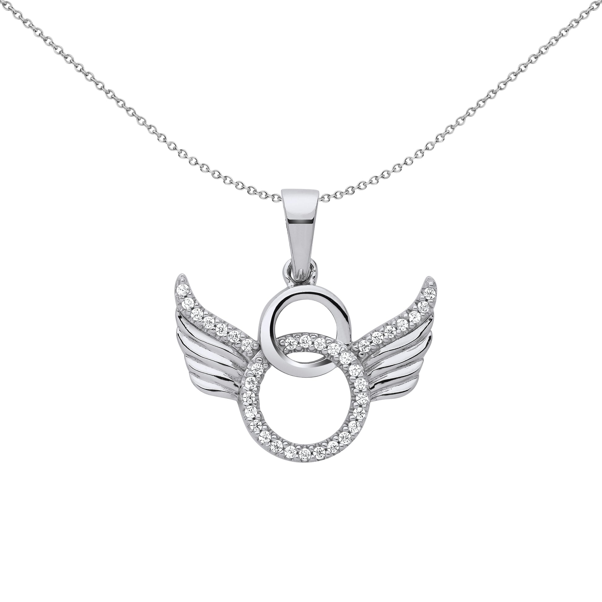 Silver  CZ Halo Angel Wings Devil Horns Pendant Necklace 18 inch - GVP667