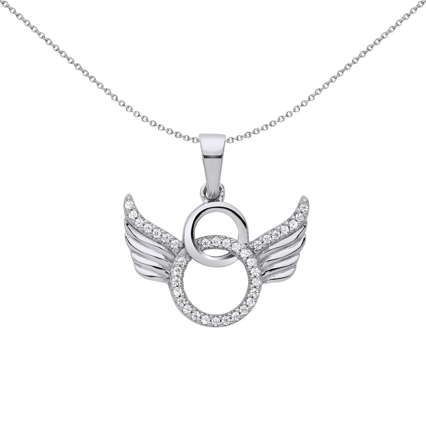 Silver  CZ Halo Angel Wings Devil Horns Pendant Necklace - GVP667