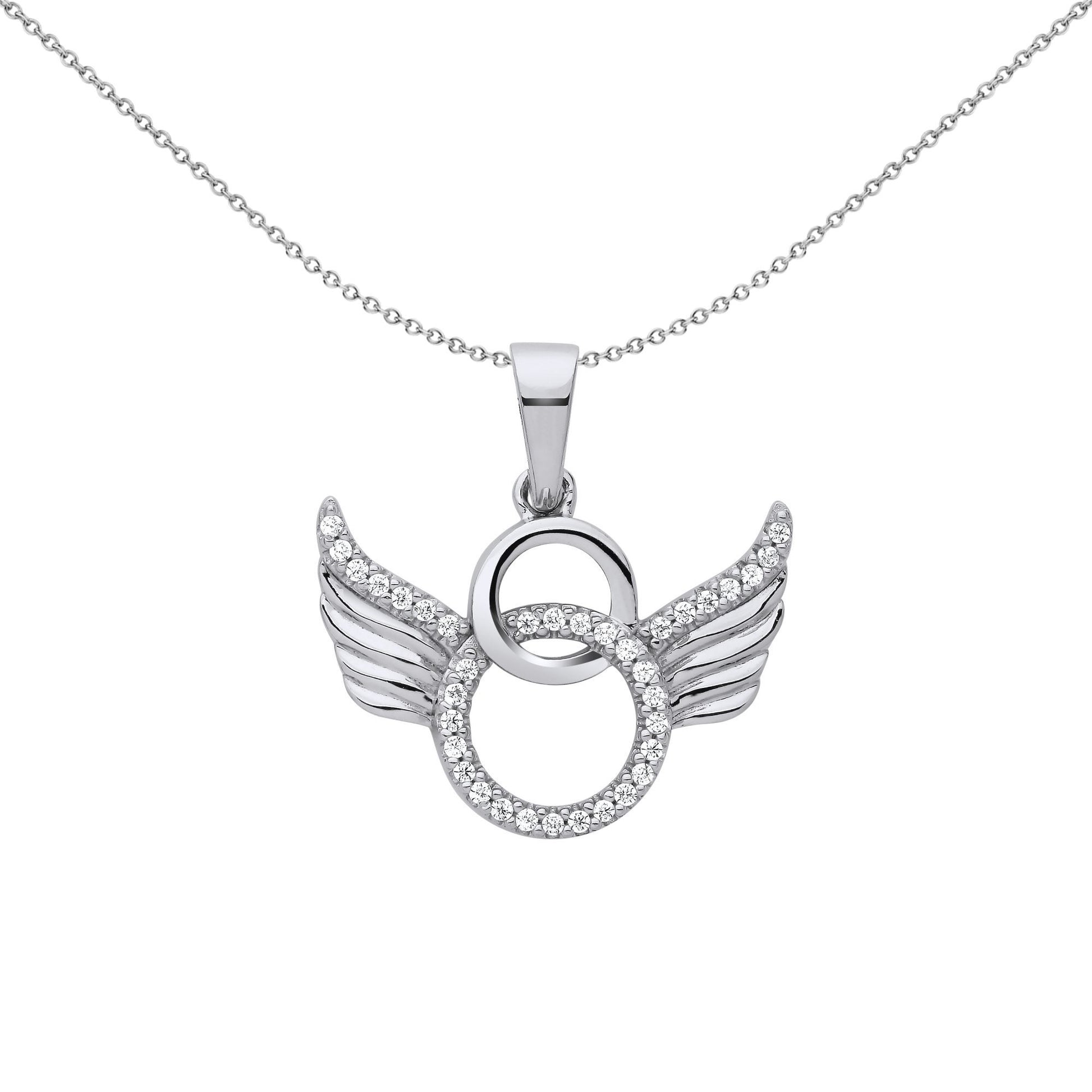 Silver  CZ Halo Angel Wings Devil Horns Pendant Necklace - GVP667