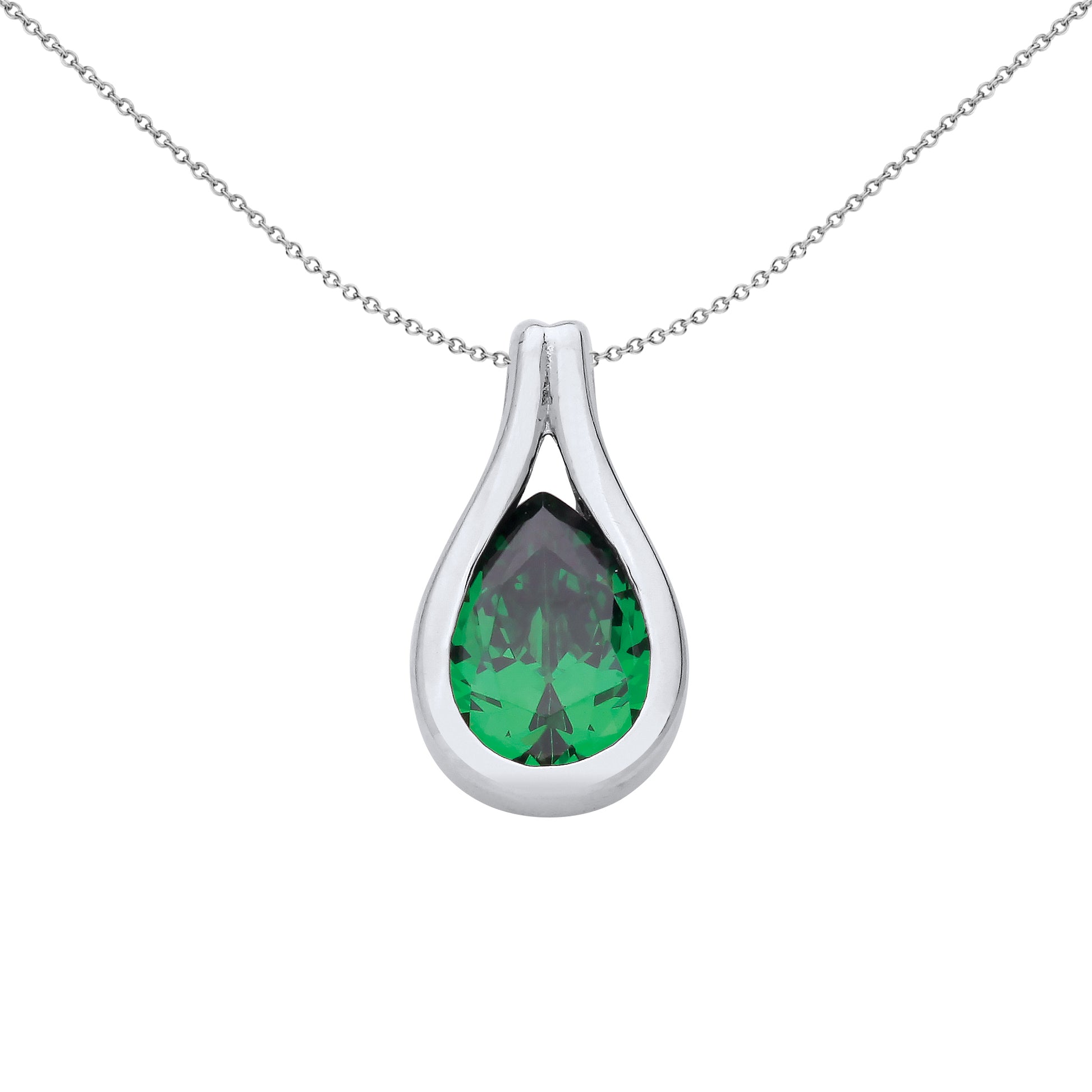 Silver  Green Pear CZ Split Loop Rain Tear Pendant Necklace 18" - GVP668