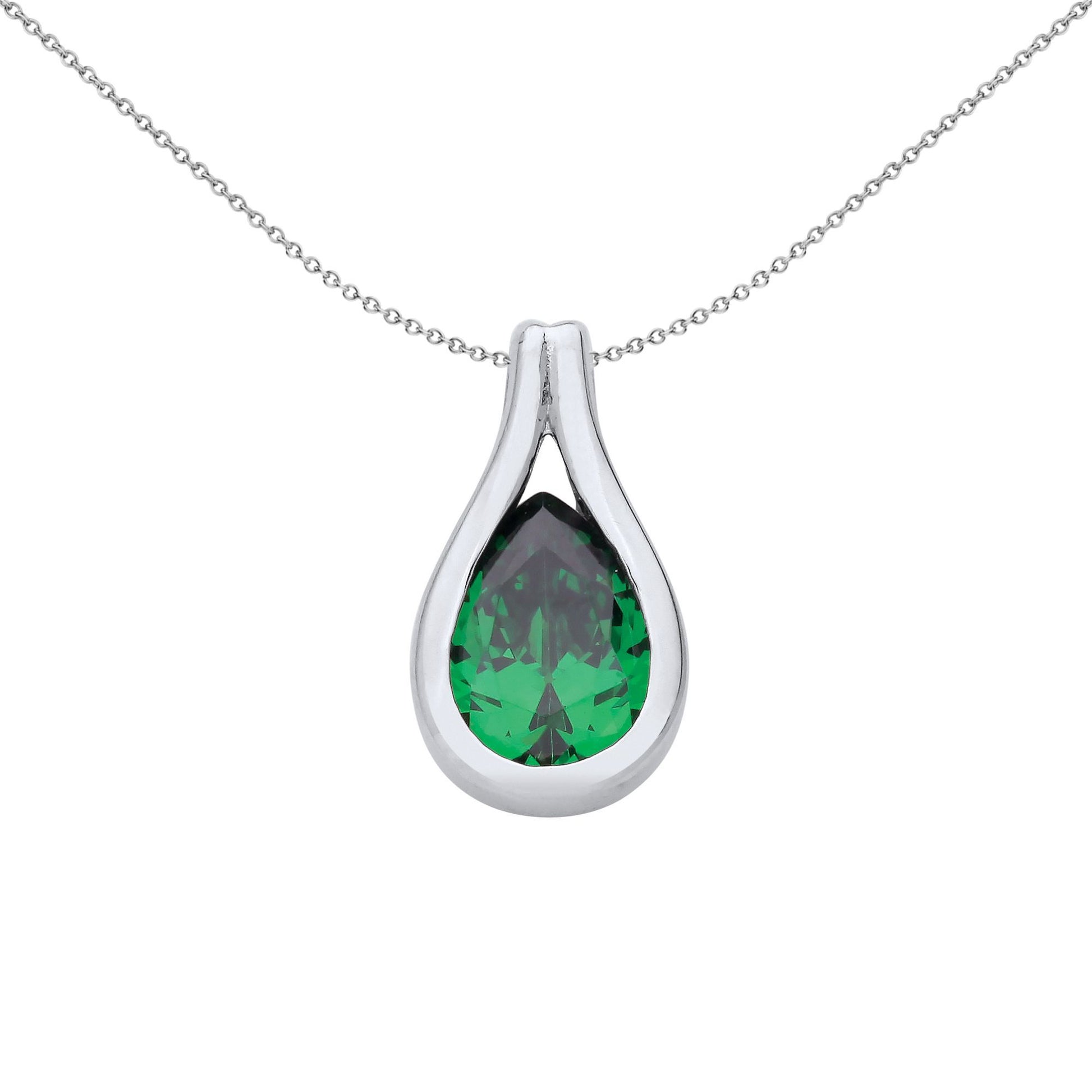Silver  Green Pear CZ Split Loop Rain Tear Pendant Necklace - GVP668