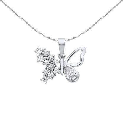 925 Silver  Pear CZ Frosted Butterfly Pendant Necklace 18 inch - GVP669