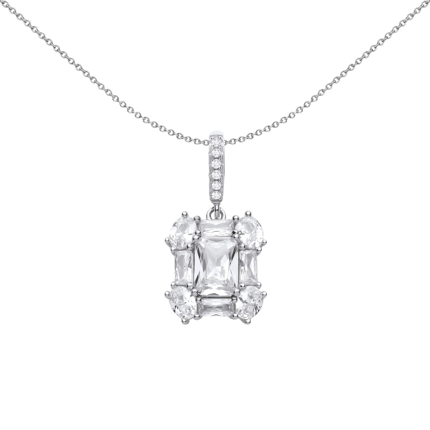 Silver  Radiant Oval CZ Illusion Emerald-Cut Necklace 18" - GVP671