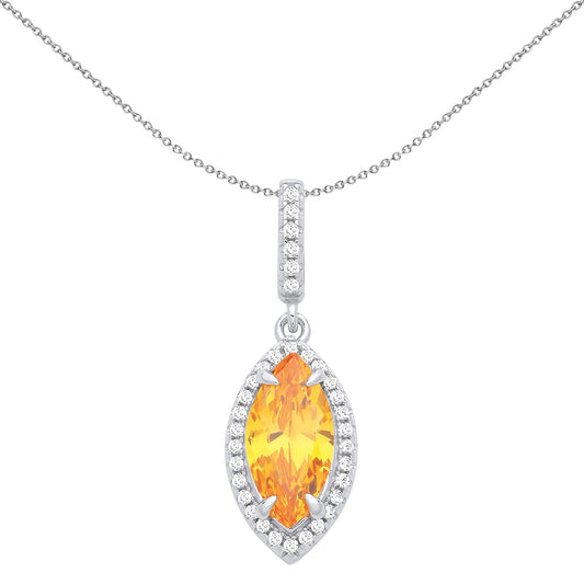 Silver  Yellow Marquise CZ Fiery Cat Eye Halo Pendant Necklace 18" - GVP672