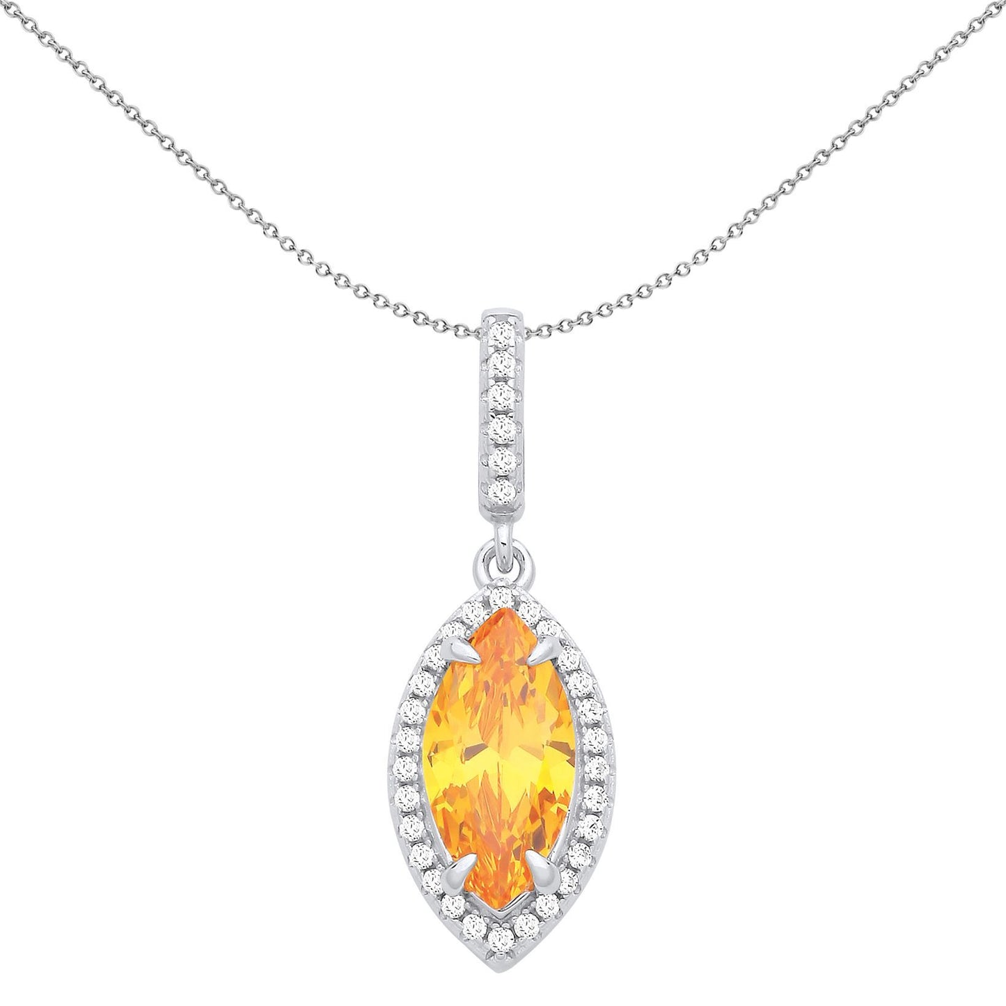 Silver  Yellow Marquise CZ Fiery Cat Eye Halo Pendant Necklace - GVP672