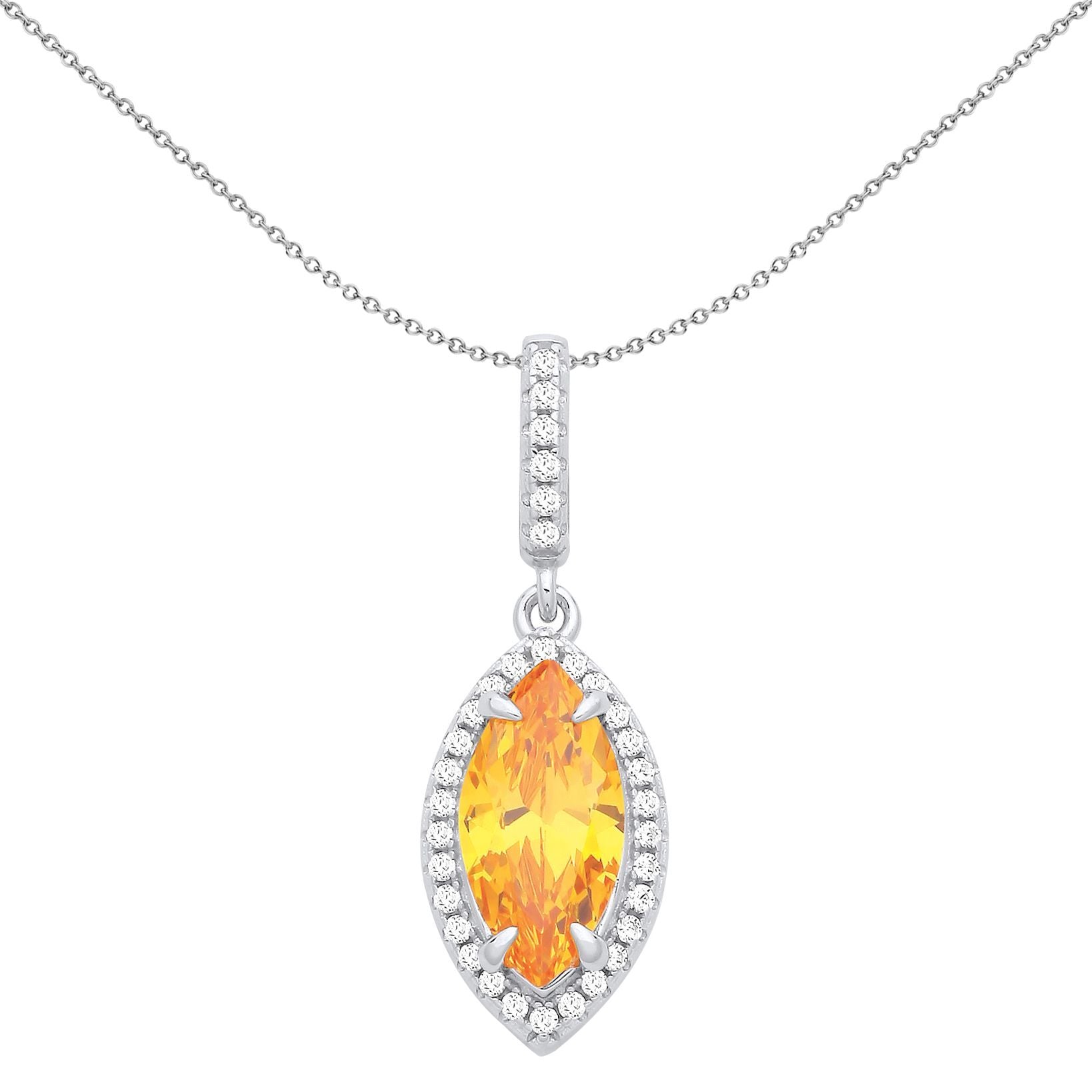 Silver  Yellow Marquise CZ Fiery Cat Eye Halo Pendant Necklace - GVP672