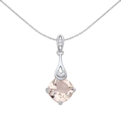 Silver  Peach Cushion CZ Solitaire Gemstone in Tongs Necklace - GVP673