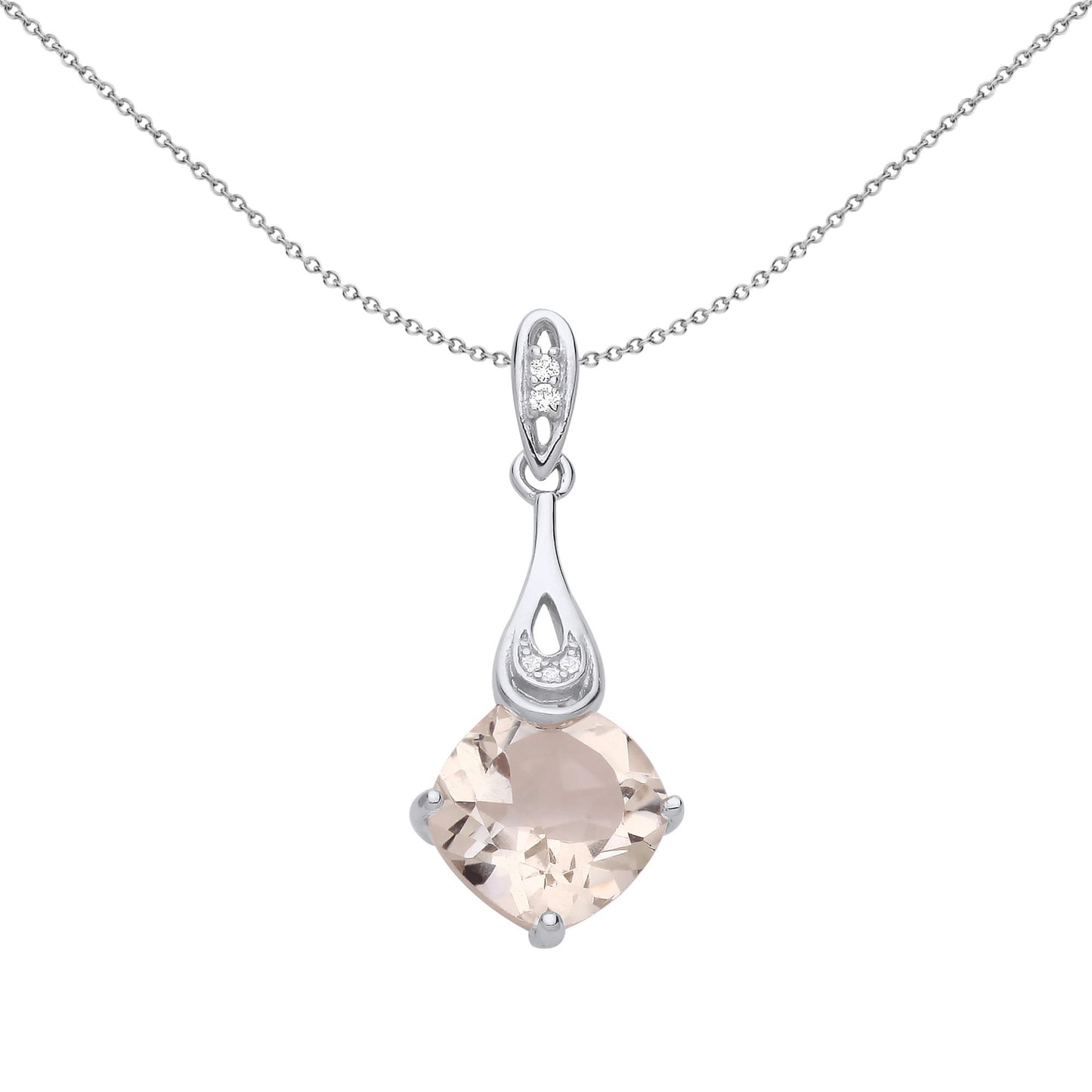 Silver  Peach Cushion CZ Solitaire Gemstone in Tongs Necklace 18" - GVP673