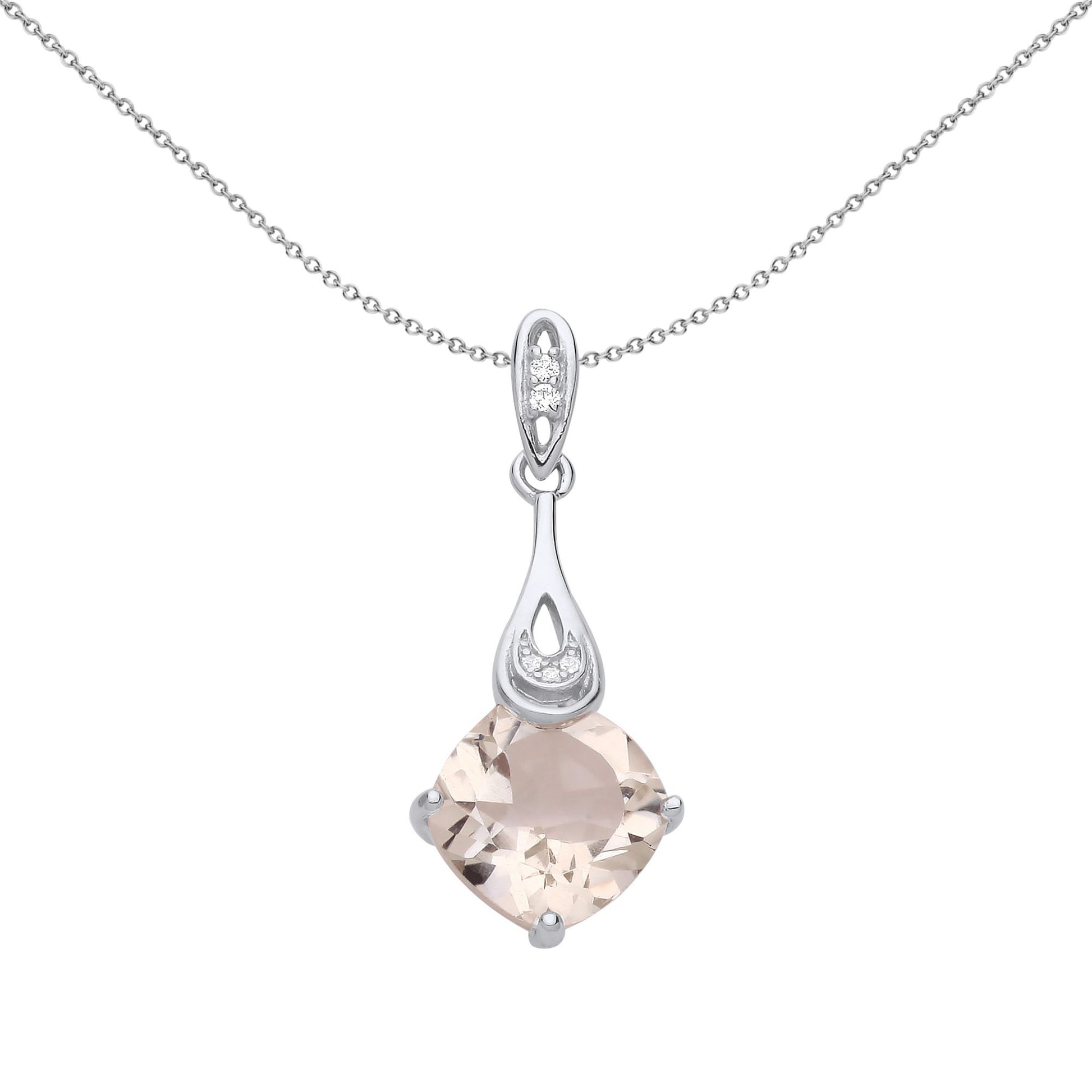 Silver  Peach Cushion CZ Solitaire Gemstone in Tongs Necklace 18" - GVP673