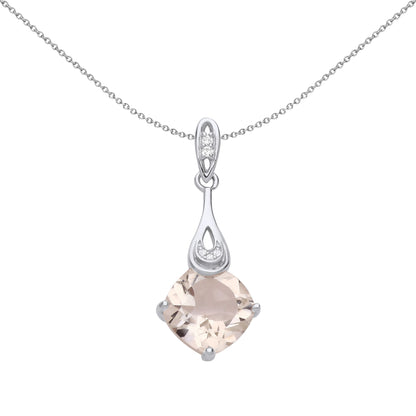 Silver  Peach Cushion CZ Solitaire Gemstone in Tongs Necklace 18" - GVP673