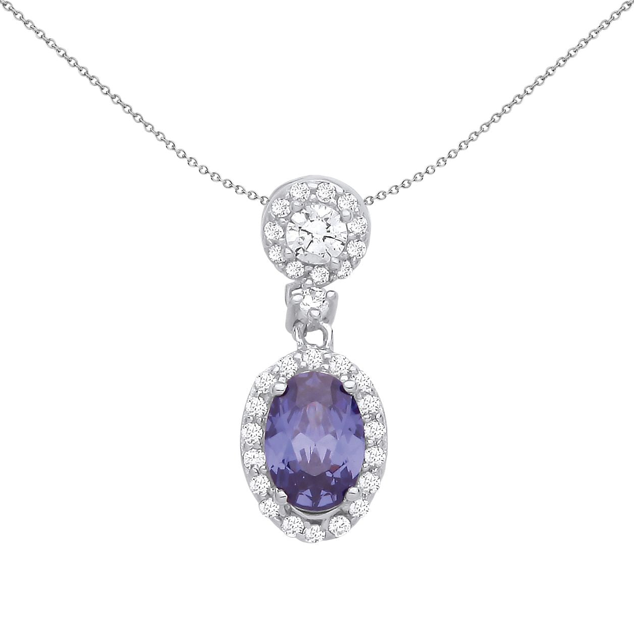 Silver  Indigo Oval CZ Double Halo Raindrop Pendant Necklace 18" - GVP676