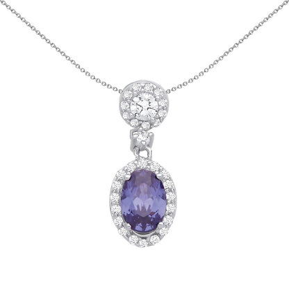 Silver  Indigo Oval CZ Double Halo Raindrop Pendant Necklace 18" - GVP676