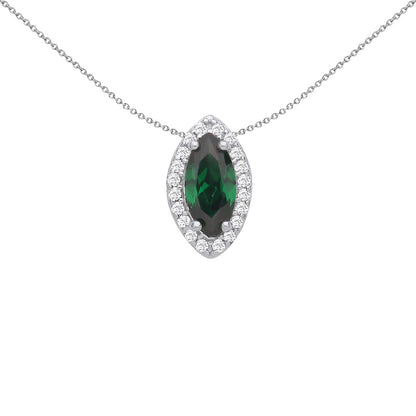 Silver  Green Marquise CZ Cats Eyes Halo Pendant Necklace 18" - GVP677