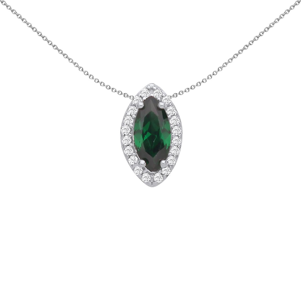 Silver  Green Marquise CZ Cats Eyes Halo Pendant Necklace - GVP677