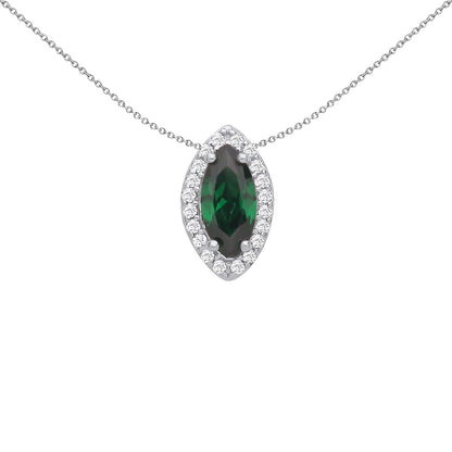 Silver  Green Marquise CZ Cats Eyes Halo Pendant Necklace - GVP677
