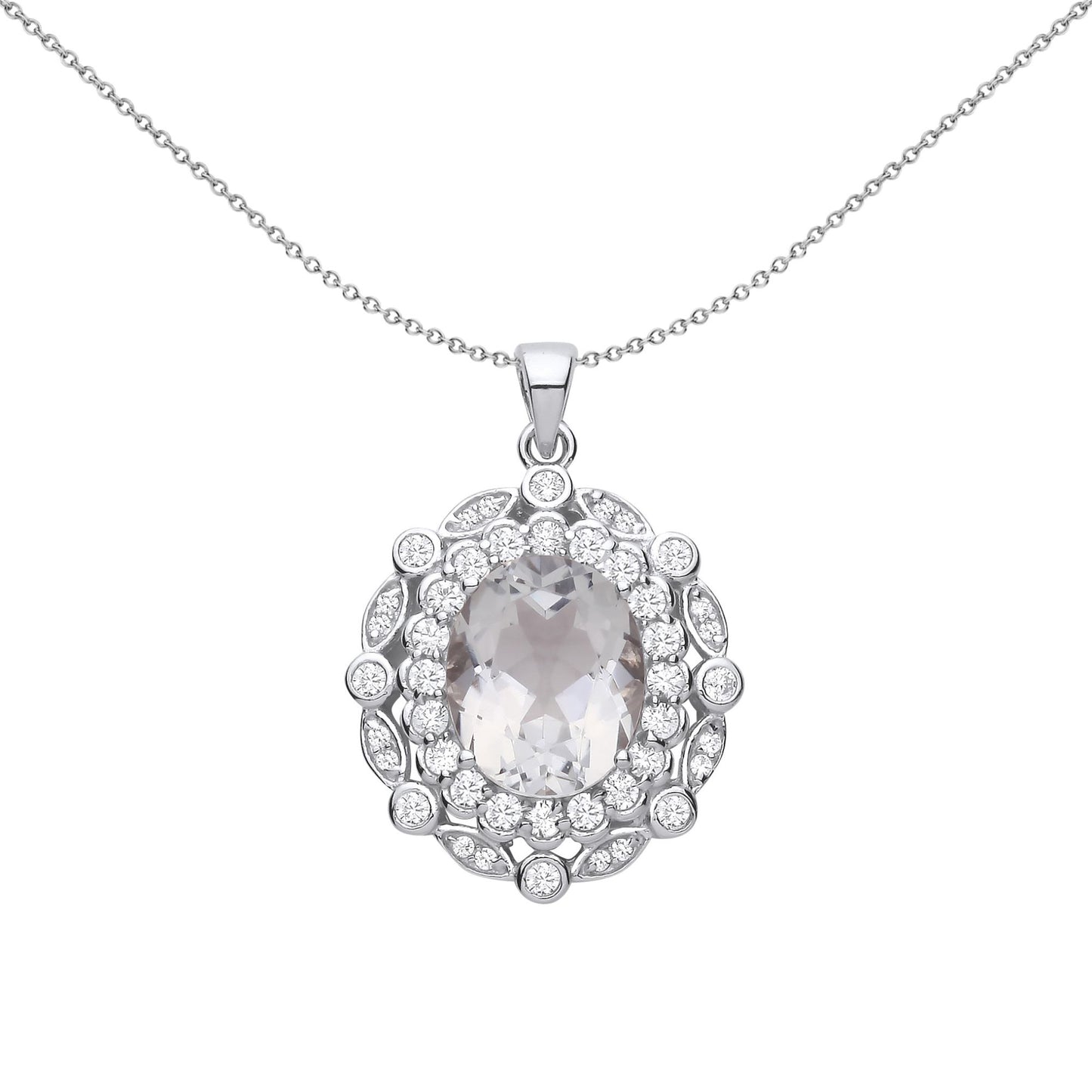 Silver  Green Oval Quartz CZ Scallop Edge Peapod Halo Necklace 18" - GVP678