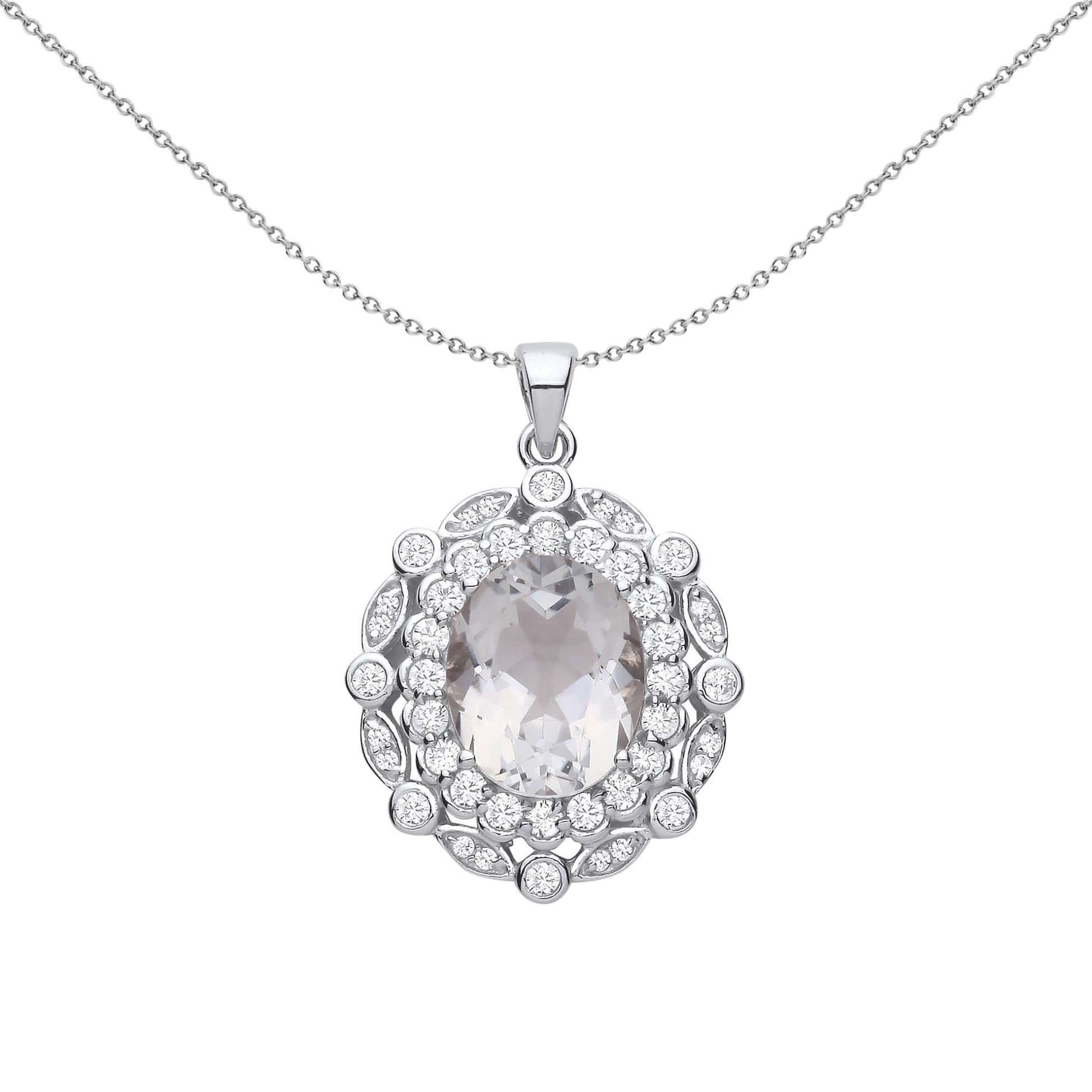 Silver  Green Oval Quartz CZ Scallop Edge Peapod Halo Necklace 18" - GVP678