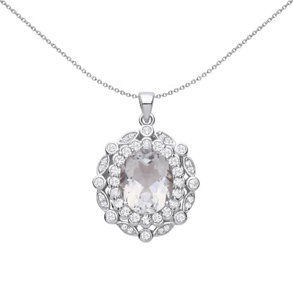 Silver  Green Oval Quartz CZ Scallop Edge Peapod Halo Necklace 18" - GVP678