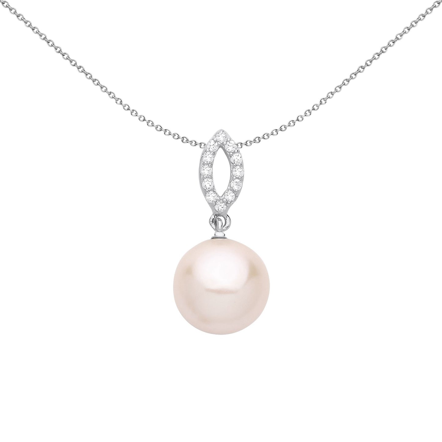 Silver  Peach Pearl CZ Cats Eyes Halo Full Moon Necklace 18" - GVP680