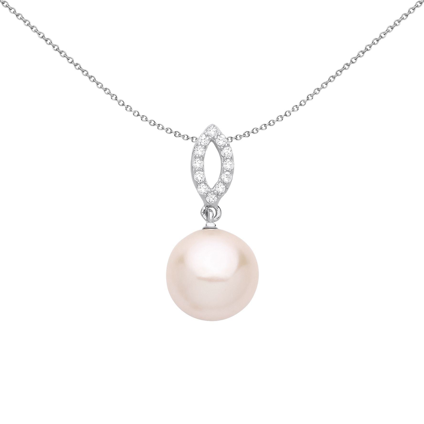 Silver  Peach Pearl CZ Cats Eyes Halo Full Moon Necklace 18" - GVP680