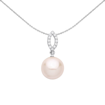 Silver  Peach Pearl CZ Cats Eyes Halo Full Moon Necklace 18" - GVP680