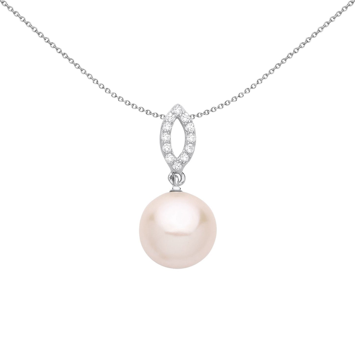Silver  Peach Pearl CZ Cats Eyes Halo Full Moon Necklace - GVP680