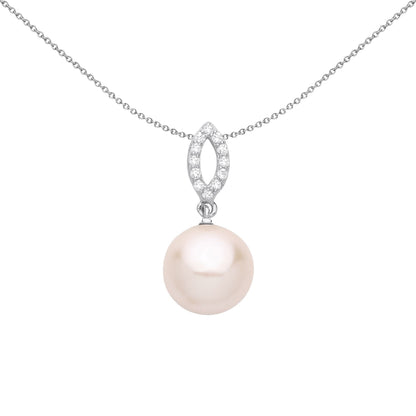 Silver  Peach Pearl CZ Cats Eyes Halo Full Moon Necklace - GVP680
