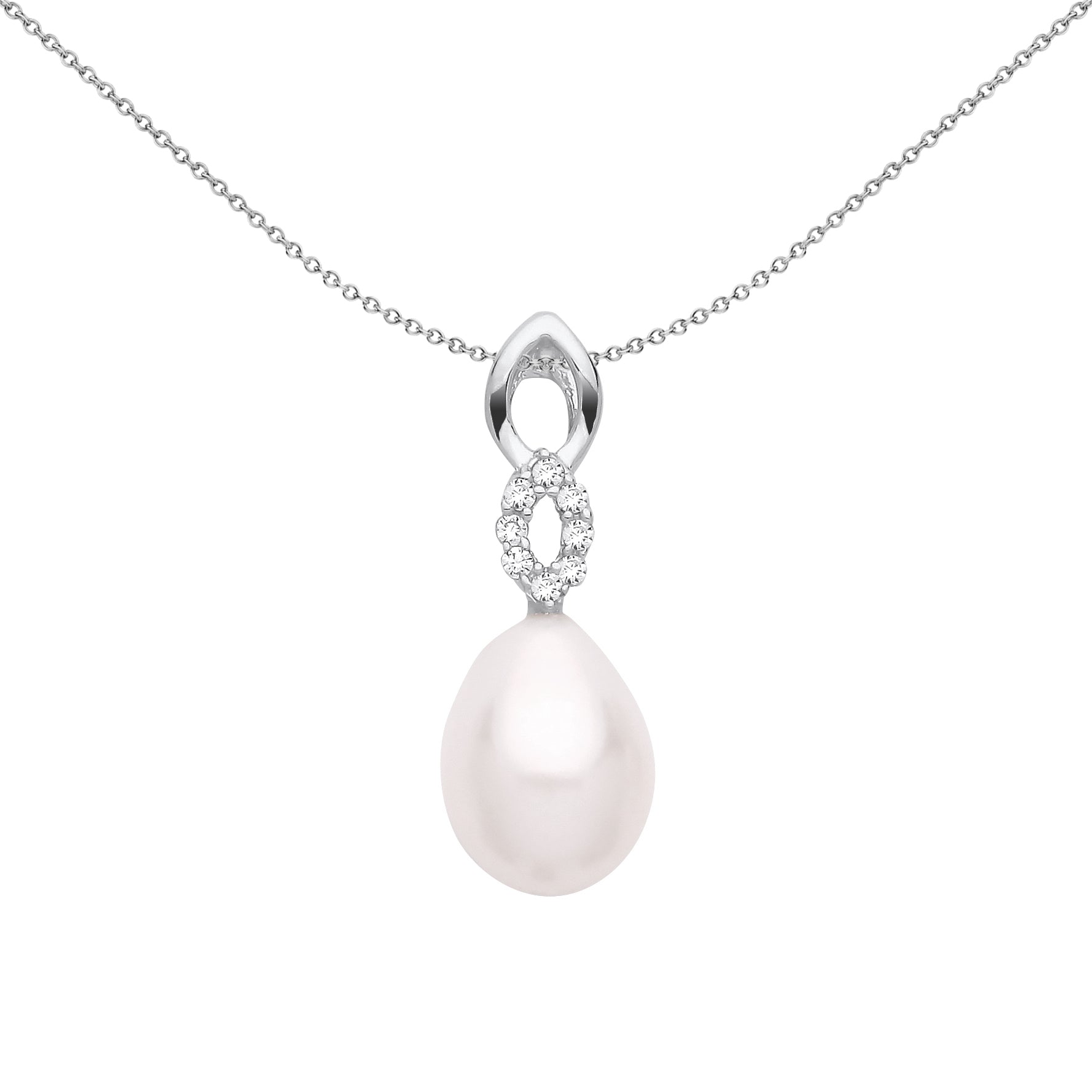 Silver  Pear Pearl CZ Infinity Cats Eyes  Peach Pear Necklace 18" - GVP681