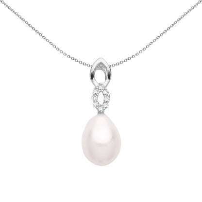 Silver  Pear Pearl CZ Infinity Cats Eyes  Peach Pear Necklace 18" - GVP681