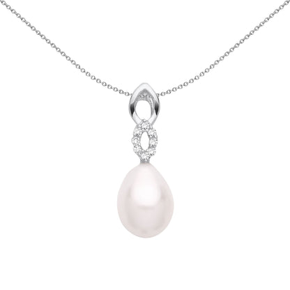 Silver  Pear Pearl CZ Infinity Cats Eyes  Peach Pear Necklace 18" - GVP681