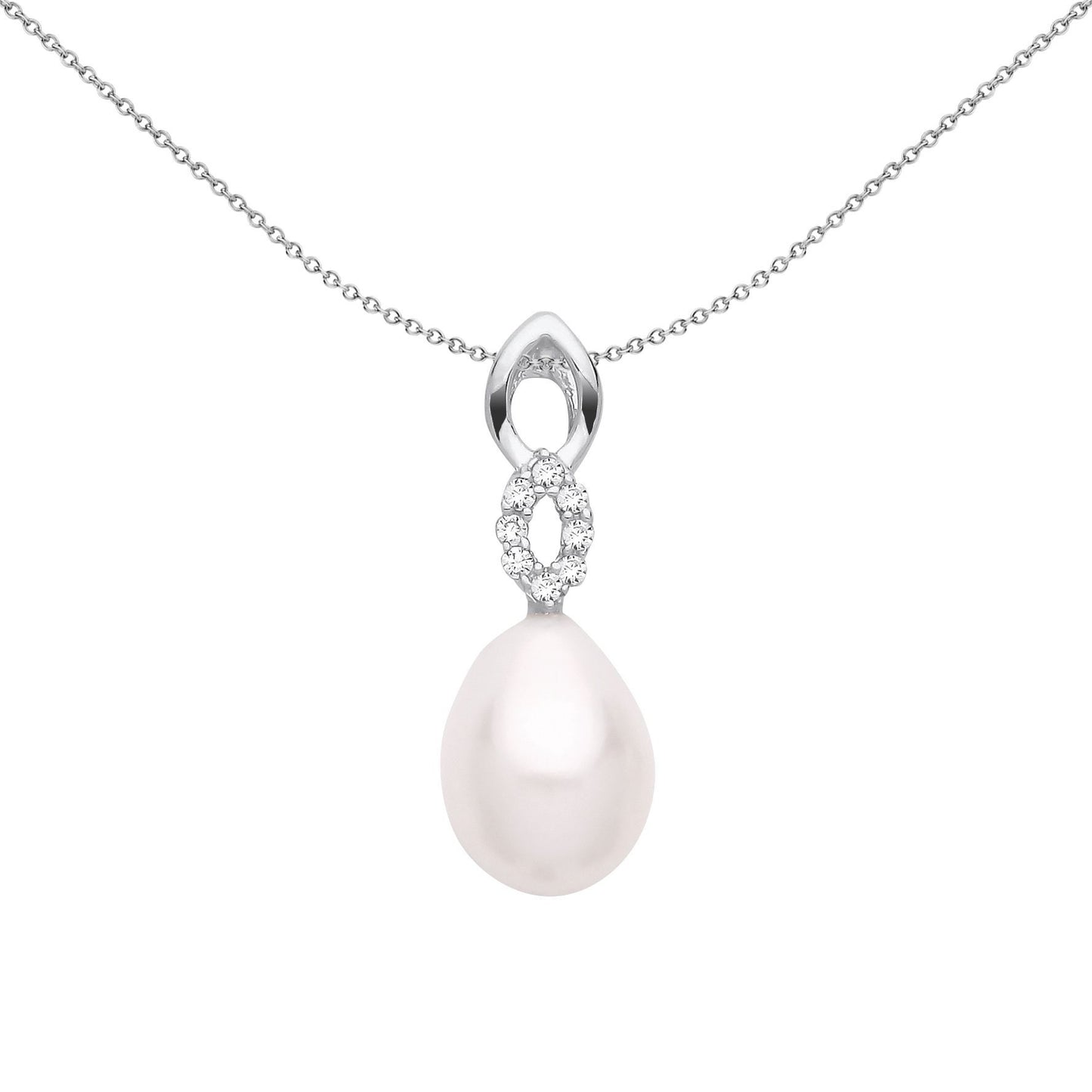 Silver  Pear Pearl CZ Infinity Cats Eyes Peach Pear Necklace 18" - GVP681