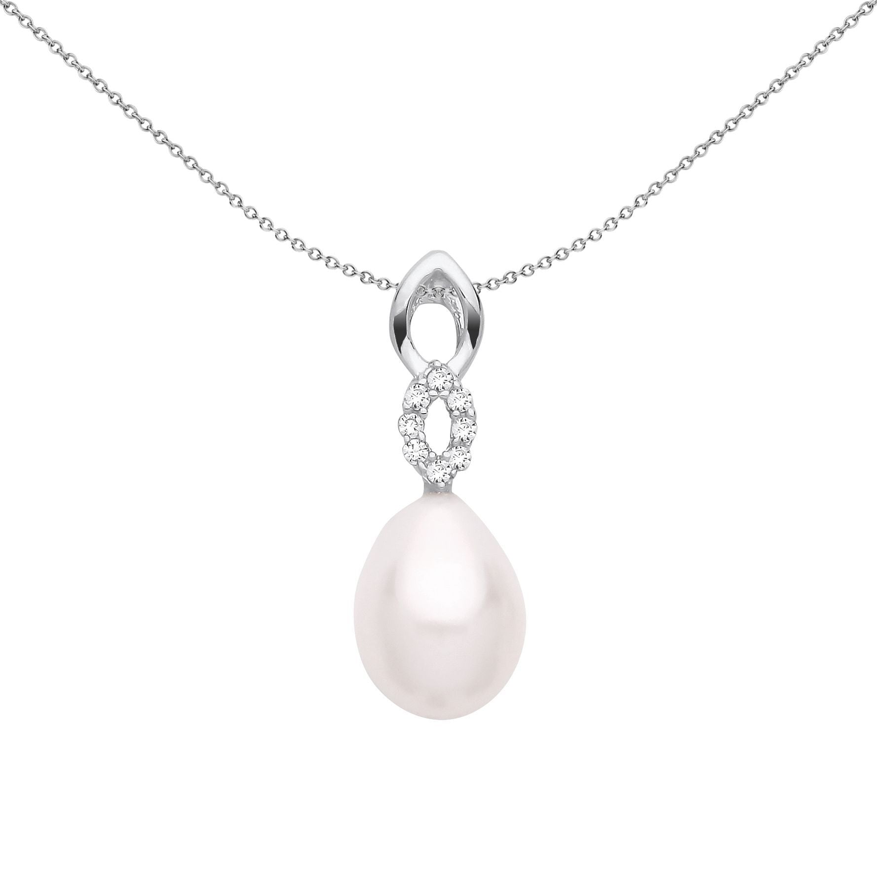 Silver  Pear Pearl CZ Infinity Cats Eyes Peach Pear Necklace 18" - GVP681