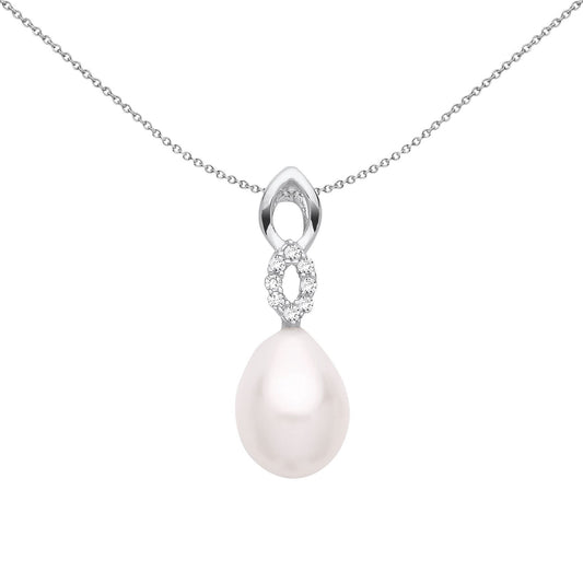 Silver  Pear Pearl CZ Infinity Cats Eyes Peach Pear Necklace 18" - GVP681
