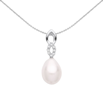 Silver  Pear Pearl CZ Infinity Cats Eyes Peach Pear Necklace - GVP681