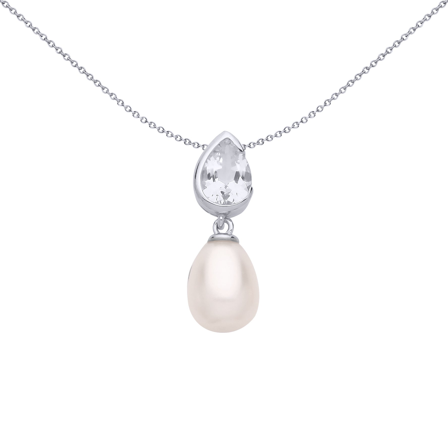 Silver  Cream Pear Pearl CZ Mirrored Pear Drops Necklace 18" - GVP682