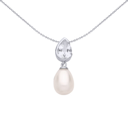 Silver  Cream Pear Pearl CZ Mirrored Pear Drops Necklace 18" - GVP682