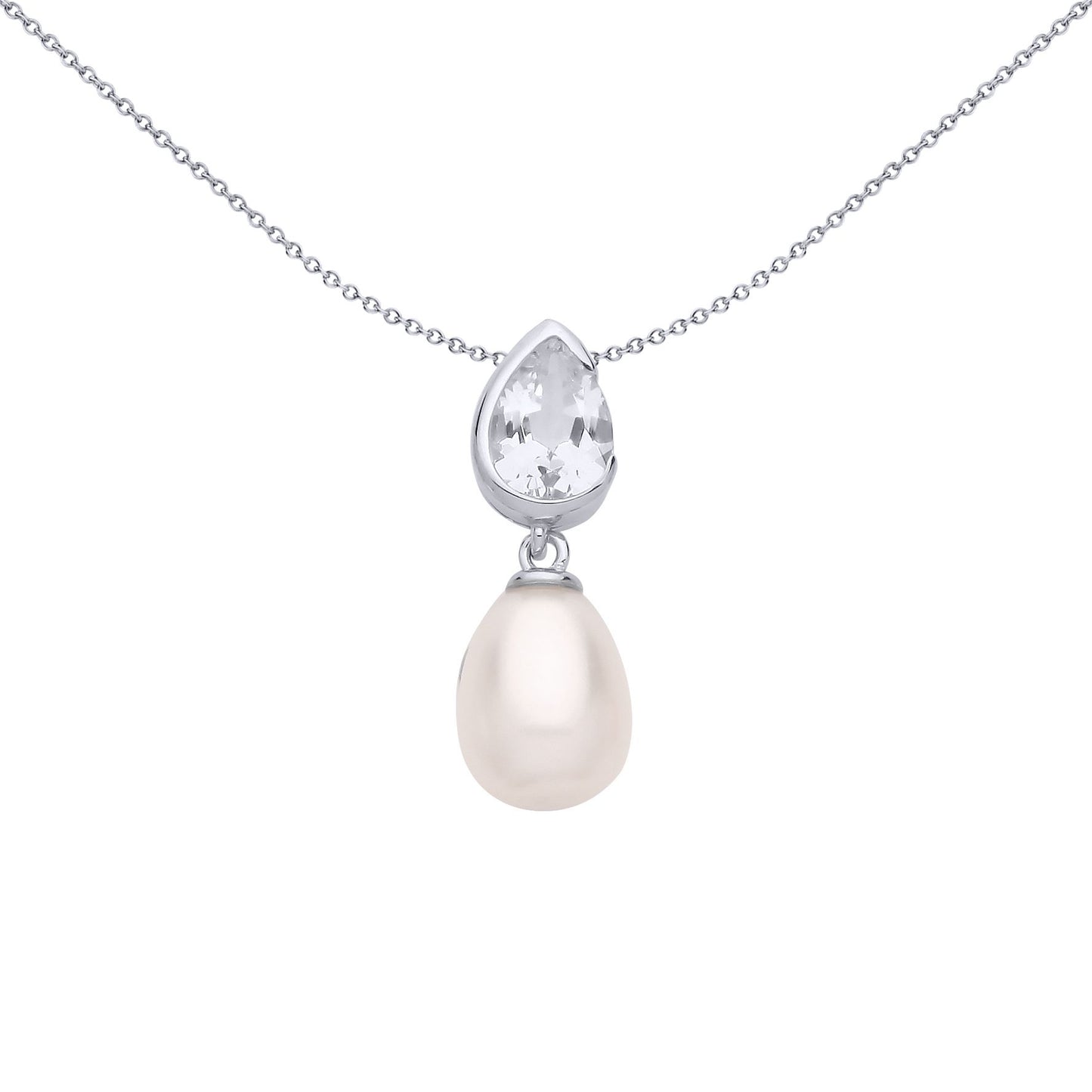 Silver  Cream Pear Pearl CZ Mirrored Pear Drops Necklace 18" - GVP682
