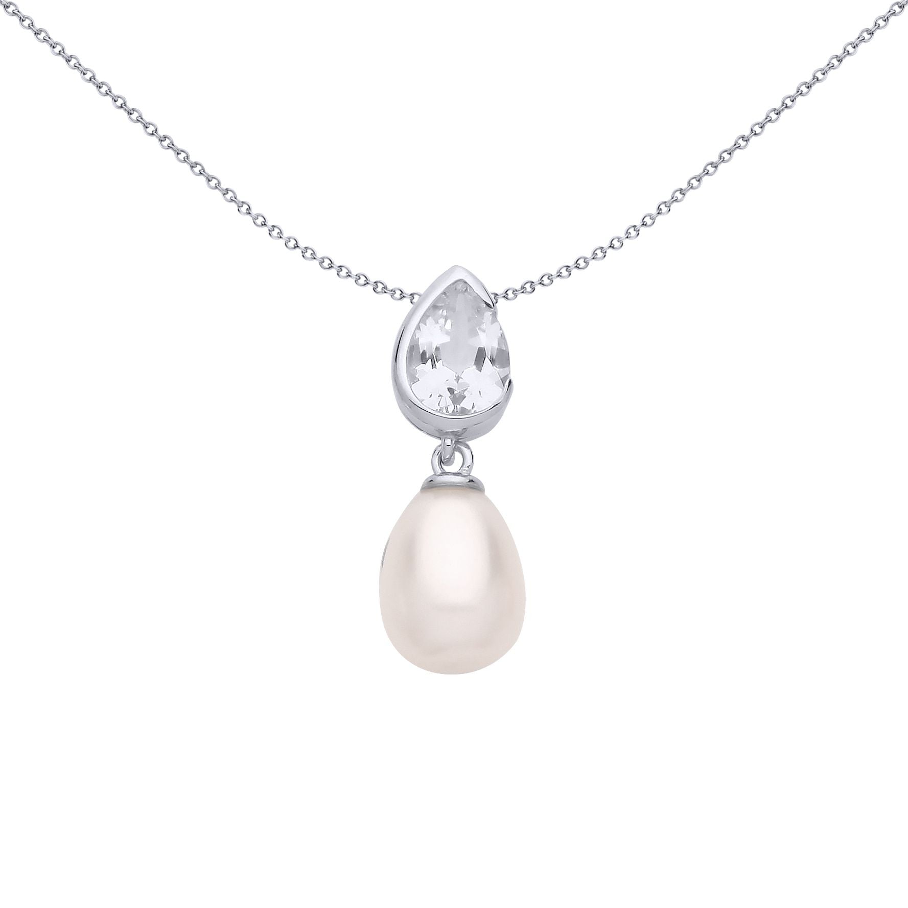 Silver  Cream Pear Pearl CZ Mirrored Pear Drops Necklace 18" - GVP682