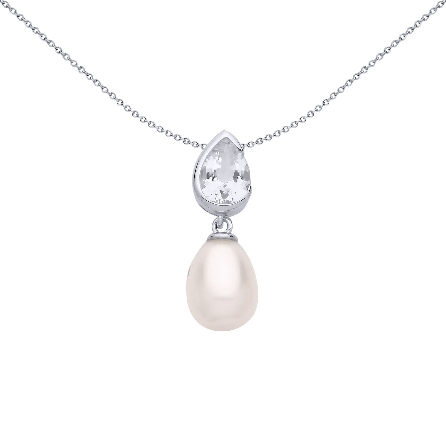 Silver  Cream Pear Pearl CZ Mirrored Pear Drops Necklace - GVP682