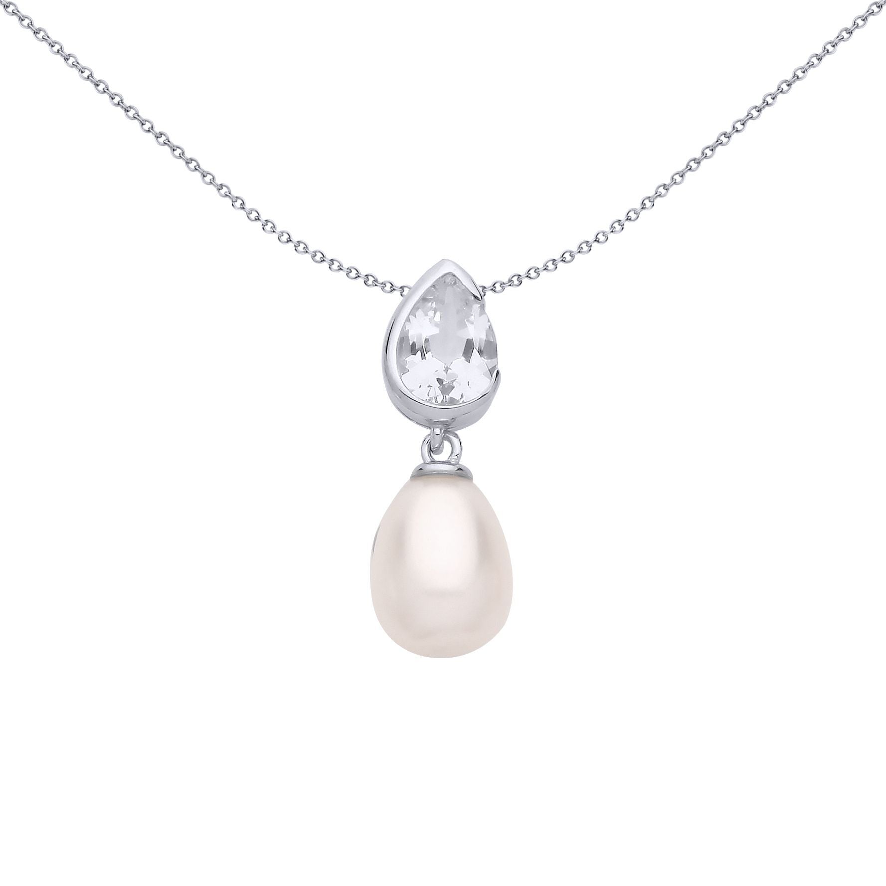 Silver  Cream Pear Pearl CZ Mirrored Pear Drops Necklace - GVP682