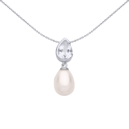 Silver  Cream Pear Pearl CZ Mirrored Pear Drops Necklace - GVP682