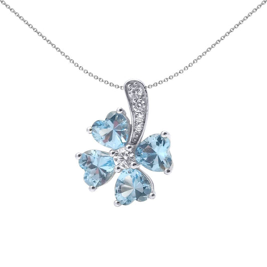 Silver  Blue CZ Shamrock 4 Leaf Clover Hearts Lucky Charm Pendant - GVP688