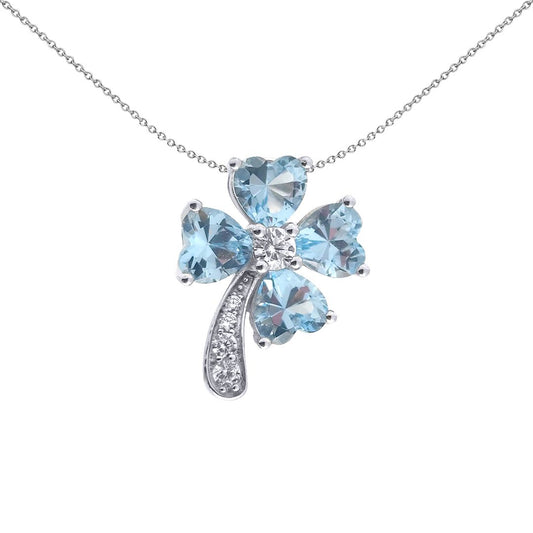 Silver  Blue CZ Shamrock 4 Leaf Clover Hearts Lucky Charm Pendant - GVP688