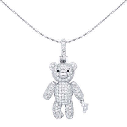 Silver  Black CZ Moveable Bear & Mini Teddy Pendant Necklace - GVP689