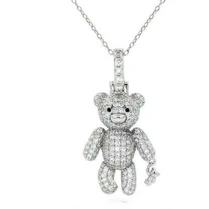 Silver  Black CZ Moveable Bear & Mini Teddy Pendant Necklace - GVP689