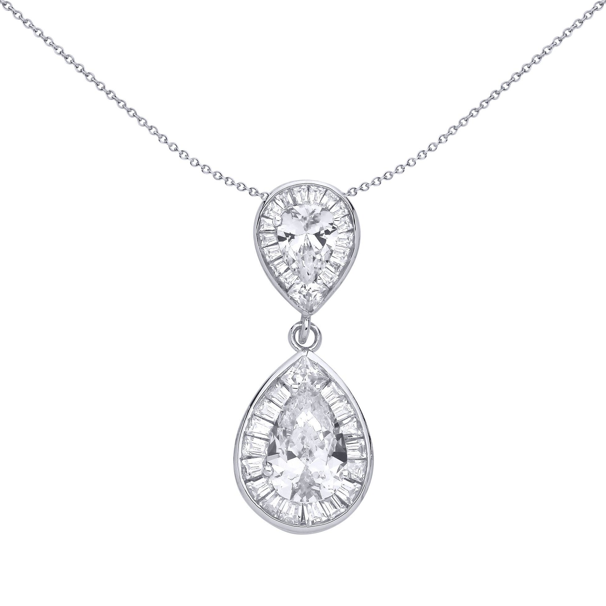 Silver  Pear Square CZ Radiant Sunburst Reflected Teardrop Pendant - GVP690