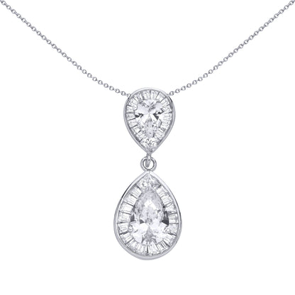 Silver  Pear Square CZ Radiant Sunburst Reflected Teardrop Pendant - GVP690