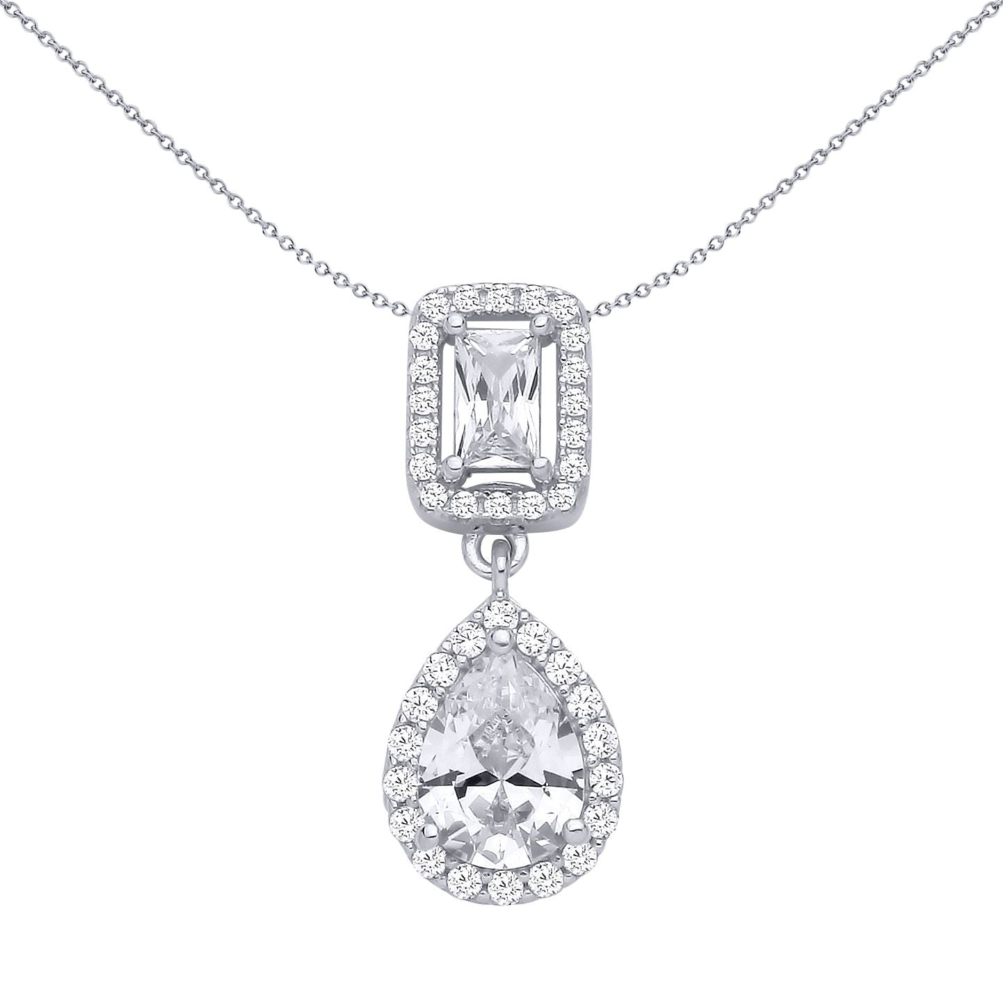 Silver  Pear Radiant CZ Toi et Moi Halo Pendant Necklace - GVP691