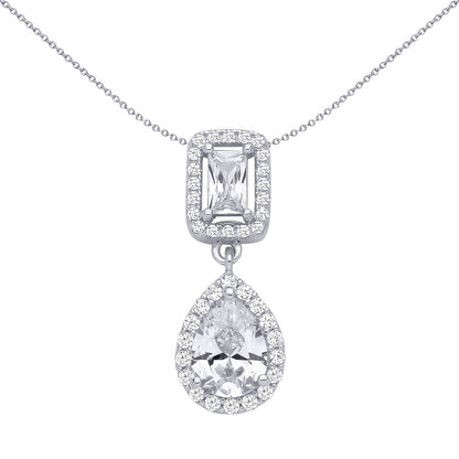 Silver  Pear Radiant CZ Toi et Moi Halo Pendant Necklace - GVP691